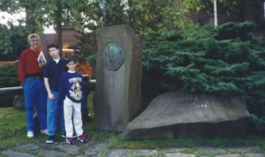 Joel Fox and his sons Zack and Eric at the Eisenhower monument in Wiltz